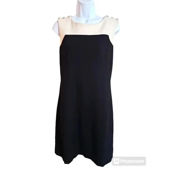 White House Black Market Women’s 8 Black White Sheath Dress Silver Button Mod - Picture 2 of 8